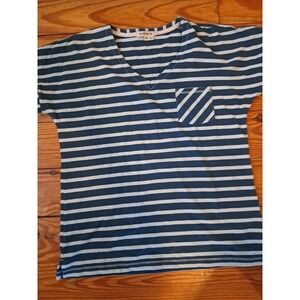 ORVIS WOMANS M blue Stripe cotton rayon spandex V-neck short sleeve J10